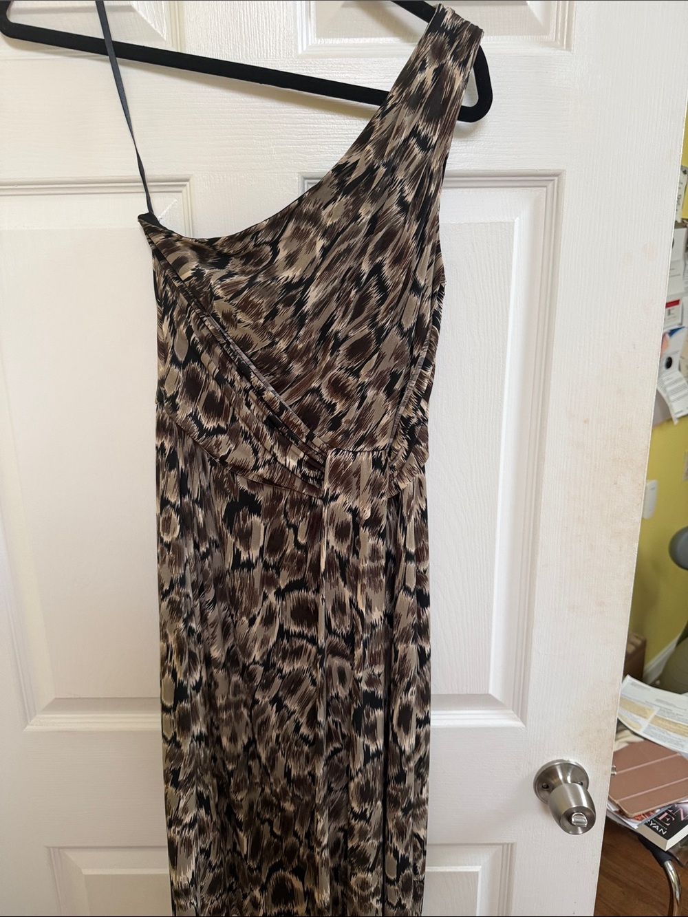 connected apparel One-Shoulder Animal Print Dress in Brown, Olive and Black